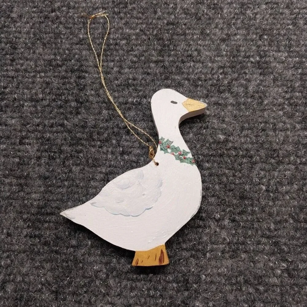 Vintage Hand Painted Wood Goose Christmas Ornament Rustic Farmhouse Cottagecore